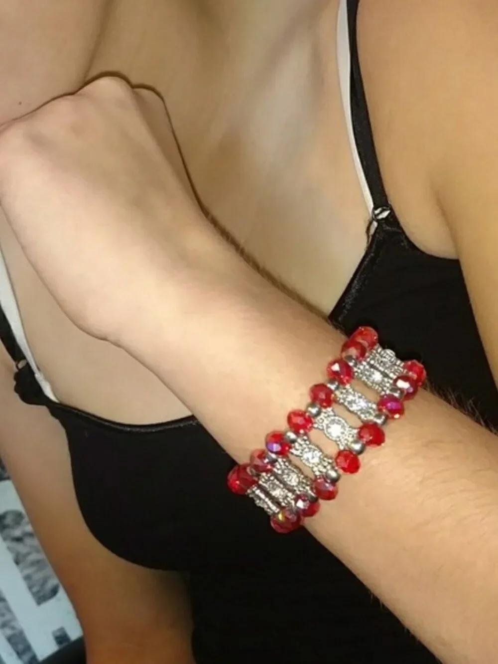 Rhinestone and Red Beaded Stretch Bracelet